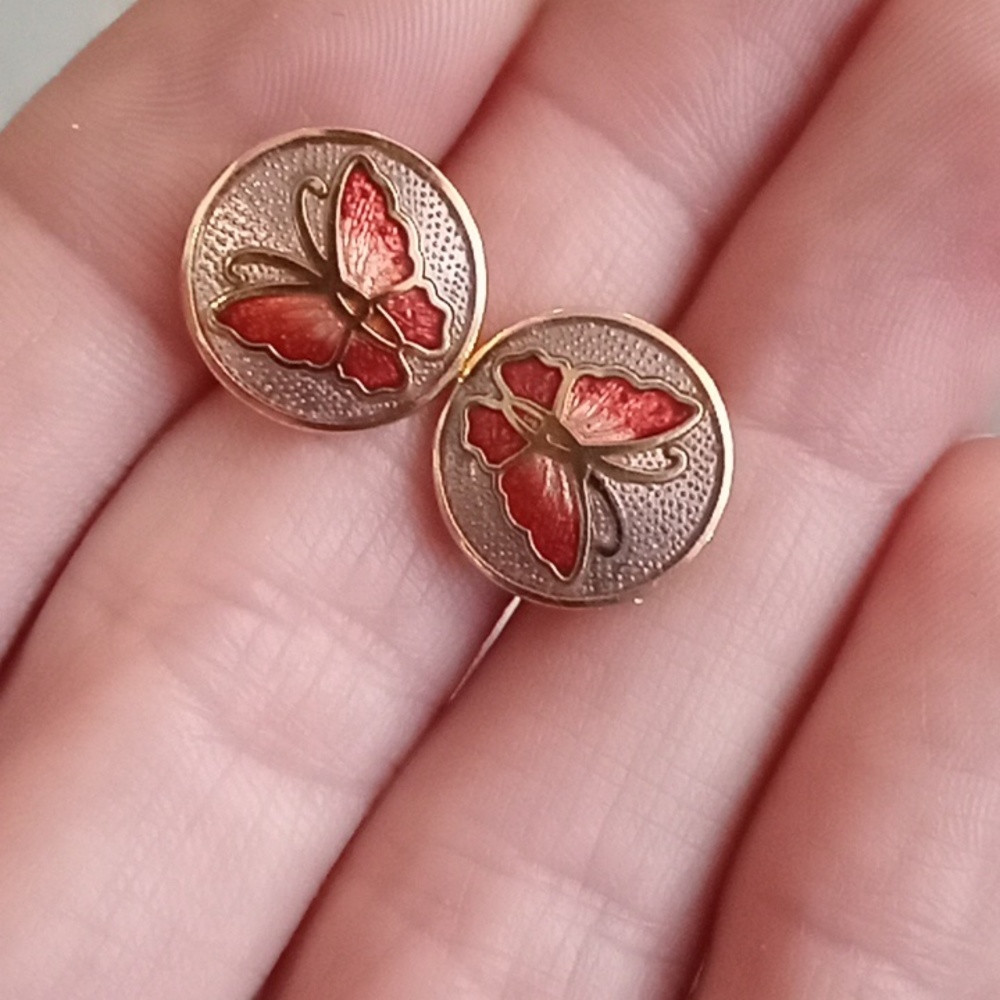 Vintage cloisonne copper butterfly earrings